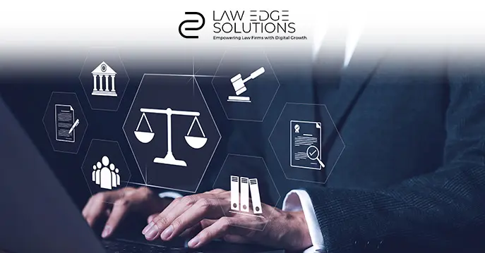 Hands over a laptop displaying hexagonal icons symbolizing strategic digital optimization and legal balance for quality