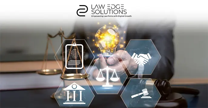 Diagram showing strategic growth for law firms with connected hexagonal icons including scales of justice and an illuminated
