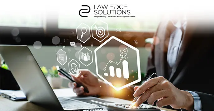 Professional hands review data graphics and a glowing chart representing SEO strategy and business growth for law firms